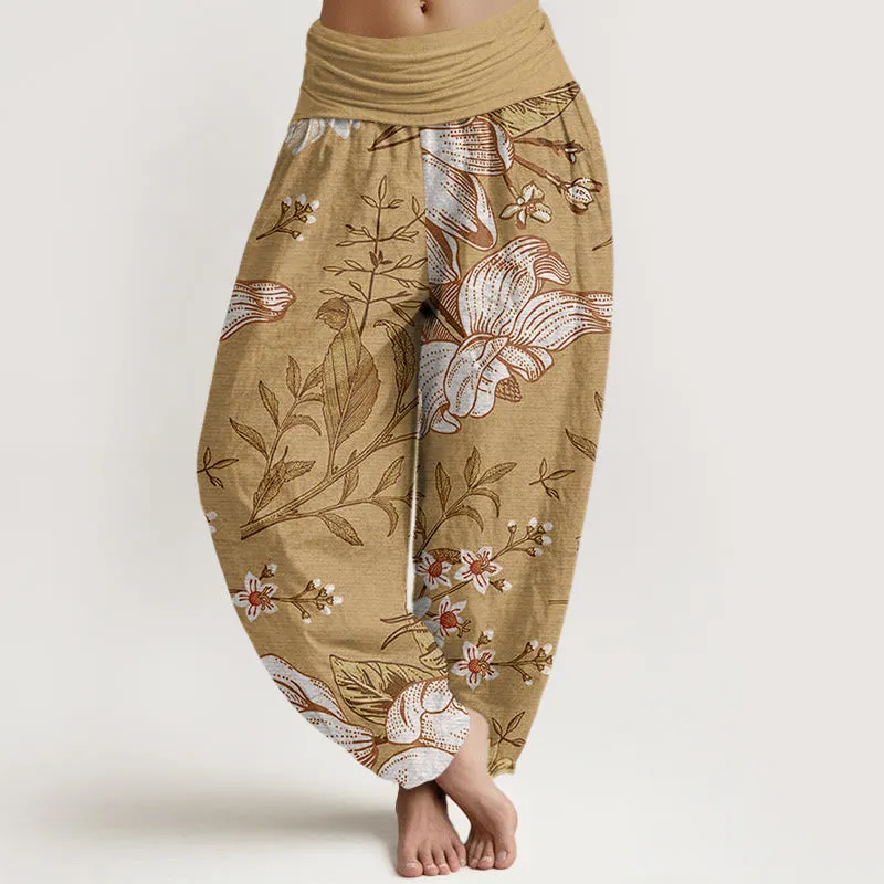 Buddha Stones Daisy White Flowers Pattern Women's Elastic Waist Harem Pants