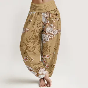 Buddha Stones Daisy White Flowers Pattern Women's Elastic Waist Harem Pants
