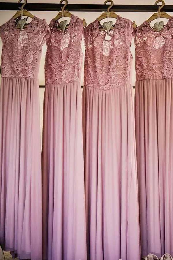 Cap Sleeve Illusion Lace Pink Long Cheap Bridesmaid Dresses Online, WG258