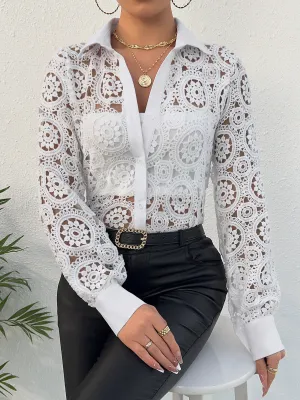 Captivate Sheer Lace Long Sleeve Button-Up Blouse