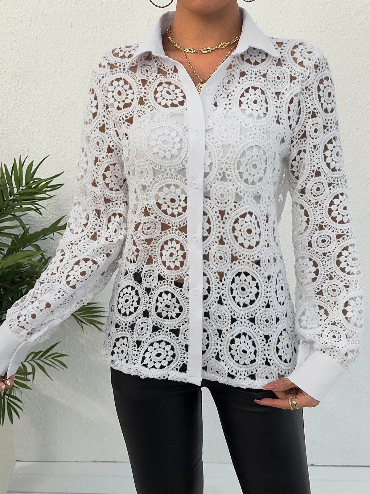 Captivate Sheer Lace Long Sleeve Button-Up Blouse
