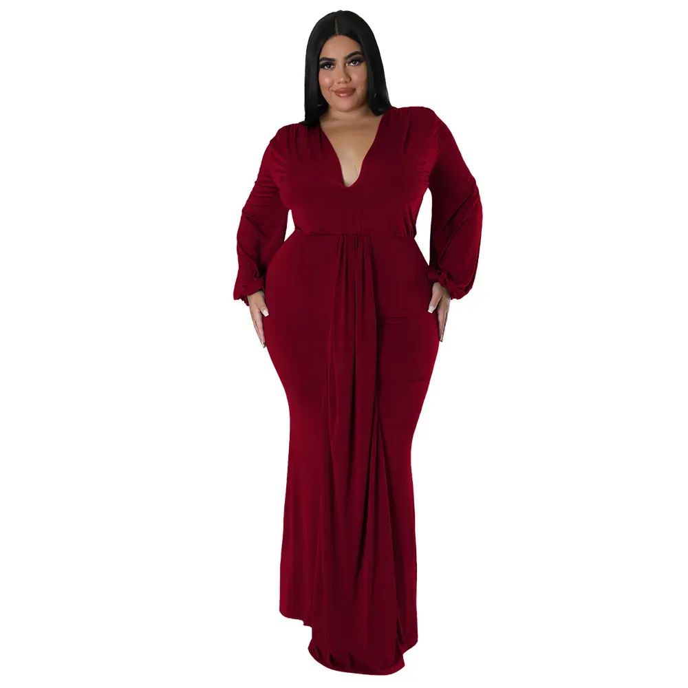 Celia Plus Size V-Neck Long Sleeve Maxi Dress
