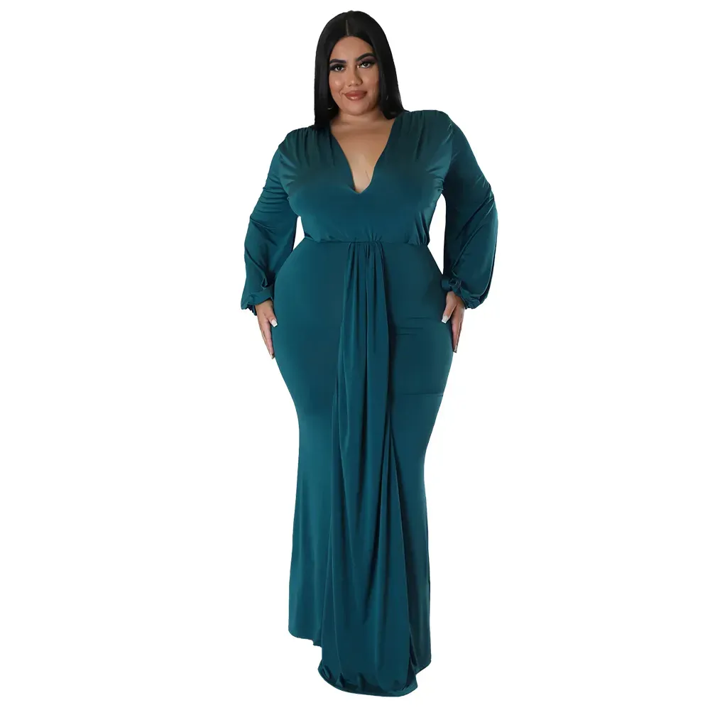 Celia Plus Size V-Neck Long Sleeve Maxi Dress
