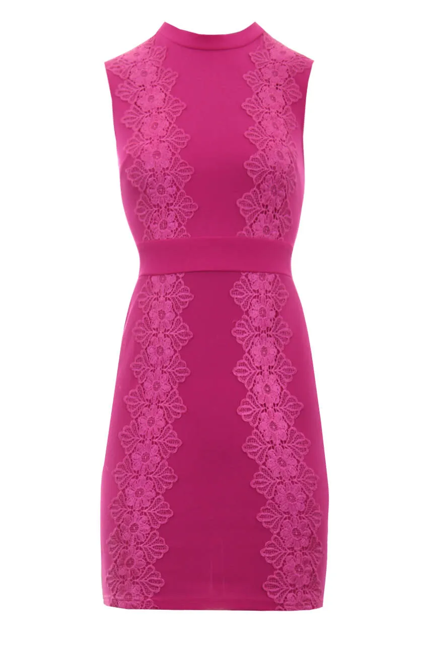 Cerise Crochet Detail High Neck Midi Dress
