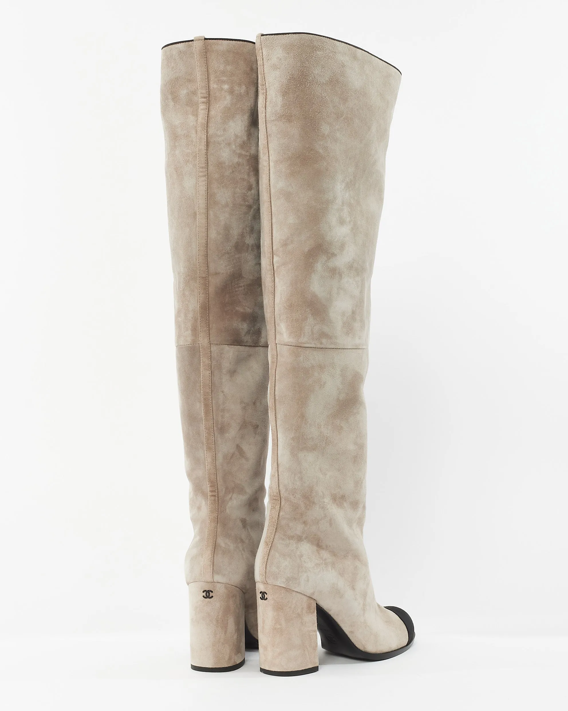 Chanel Grey Suede Over The Knee Cap Toe Boots - 38
