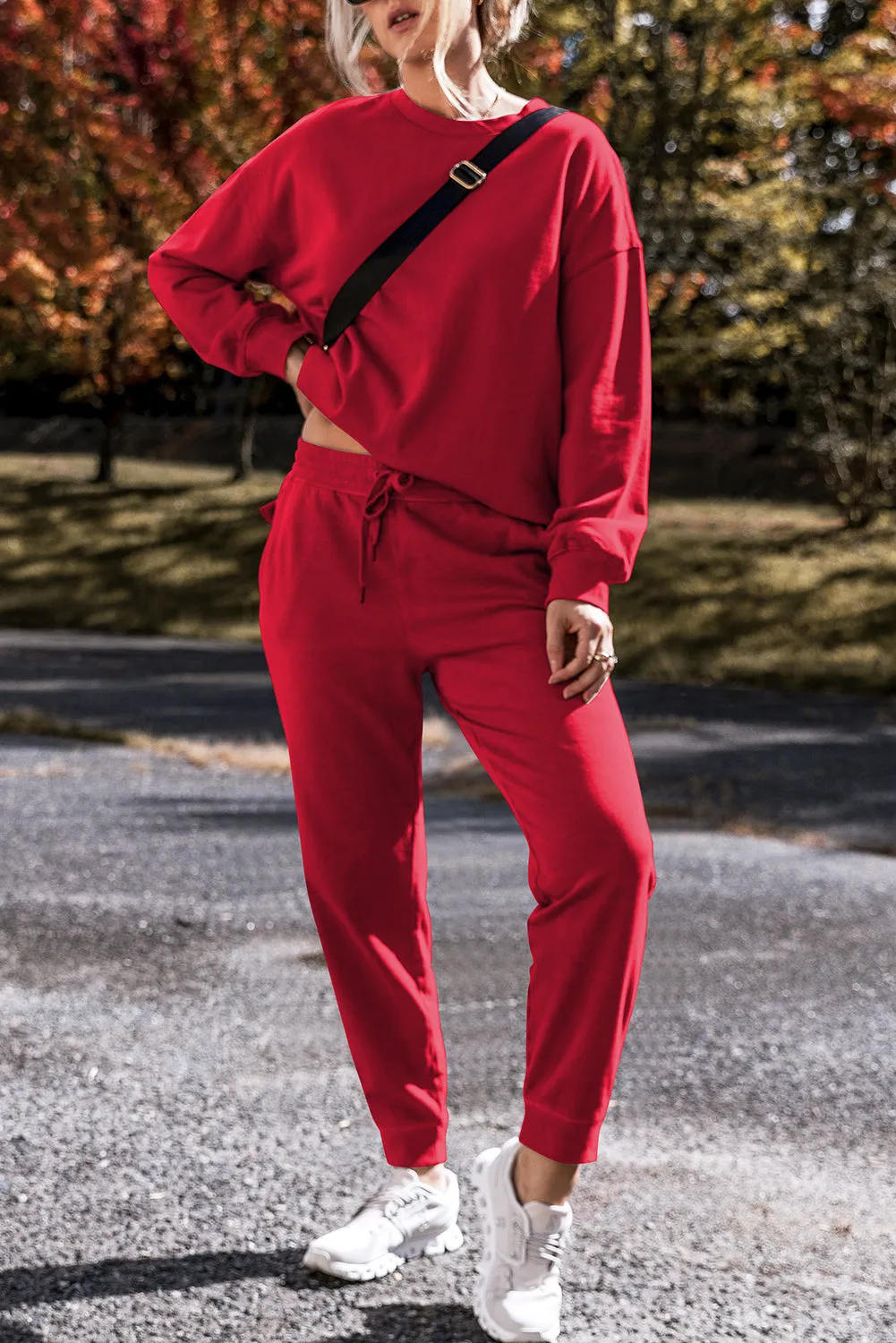 Coffee Solid Color High Low Pullover and Skinny Pants Set
