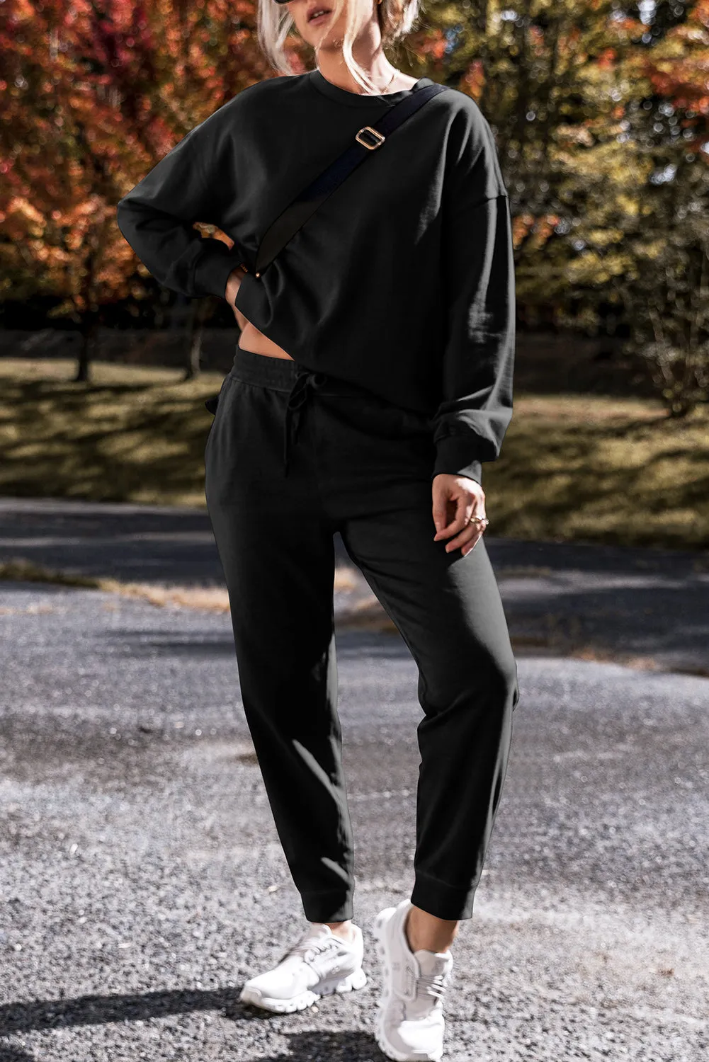 Coffee Solid Color High Low Pullover and Skinny Pants Set