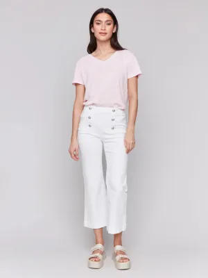 Cropped Pull-On Flare Jeans with Front Buttons - White