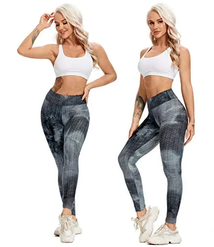 CROSS1946 Women Booty Yoga Legging High Waist Ruched Butt Lifting Textured Tummy Control Scrunch Pants Workout Tights #1 Texture Y- Tie Dye Ink-Black,2XL