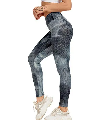 CROSS1946 Women Booty Yoga Legging High Waist Ruched Butt Lifting Textured Tummy Control Scrunch Pants Workout Tights #1 Texture Y- Tie Dye Ink-Black,2XL