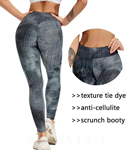 CROSS1946 Women Booty Yoga Legging High Waist Ruched Butt Lifting Textured Tummy Control Scrunch Pants Workout Tights #1 Texture Y- Tie Dye Ink-Black,2XL