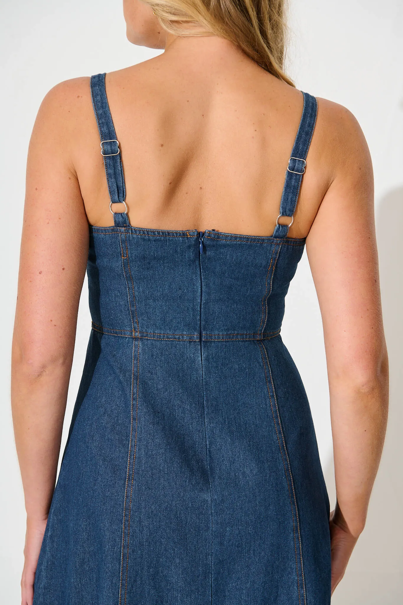 Dark Blue Denim Midi Sun Dress by Felina