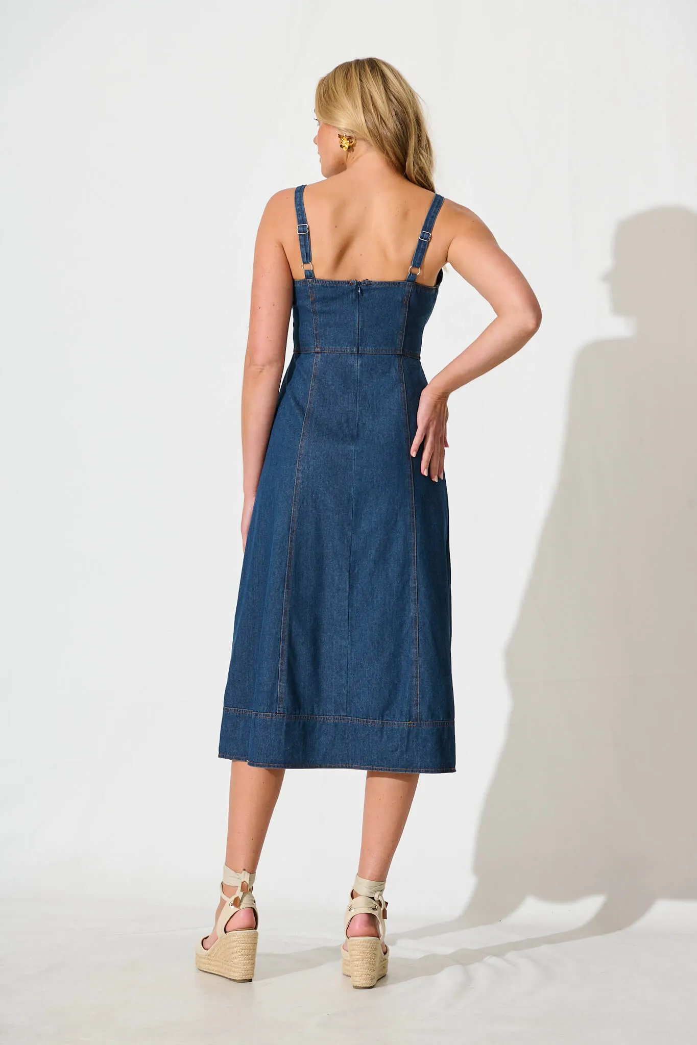 Dark Blue Denim Midi Sun Dress by Felina