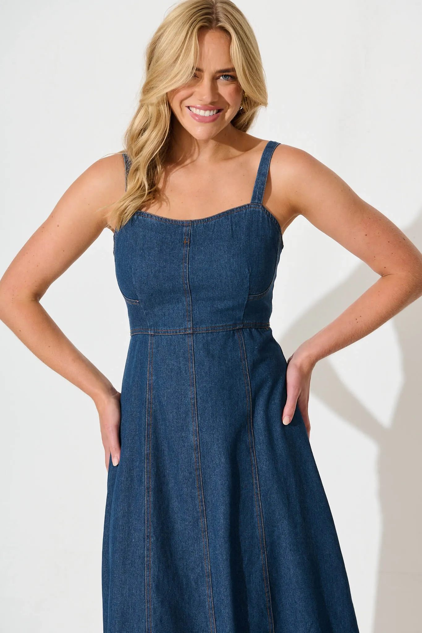 Dark Blue Denim Midi Sun Dress by Felina