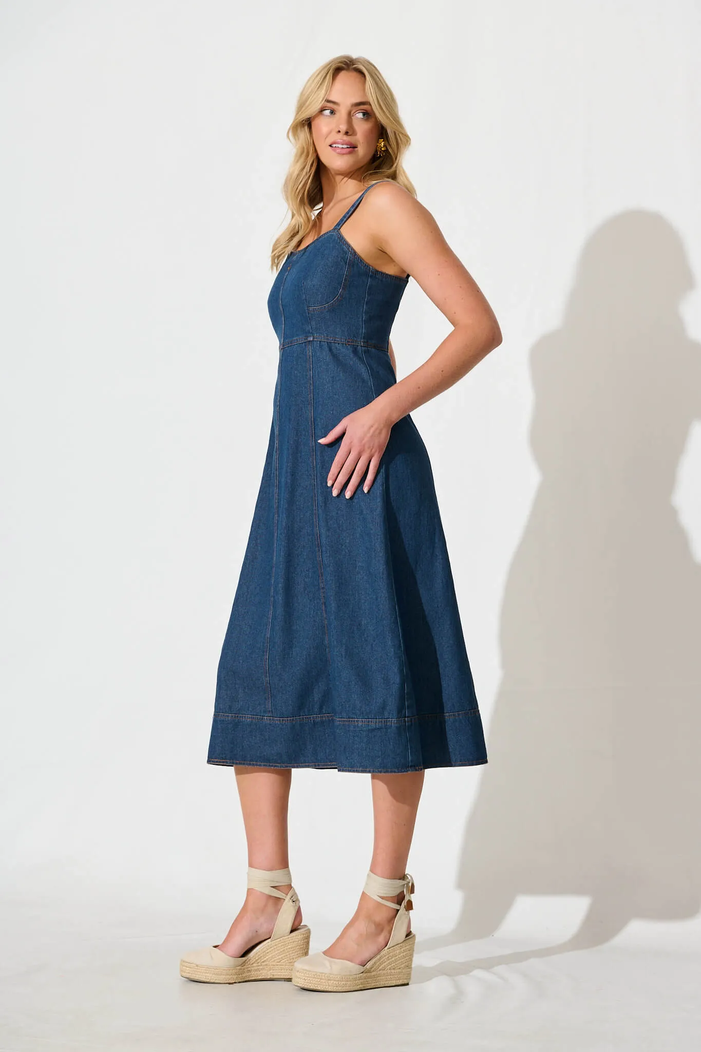 Dark Blue Denim Midi Sun Dress by Felina