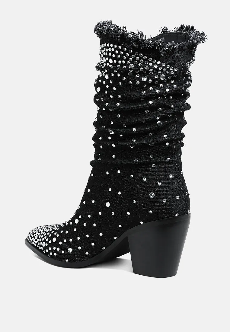 Diamante & Rhinestones Denim Boots By RUW