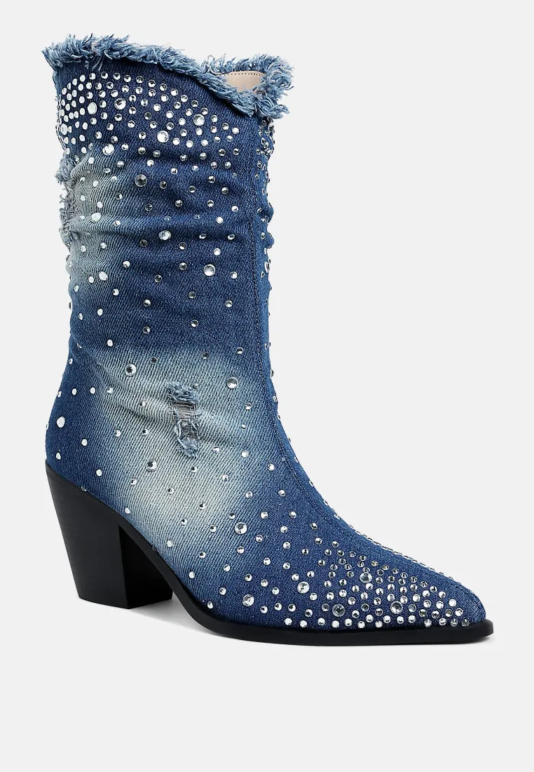 Diamante & Rhinestones Denim Boots By RUW