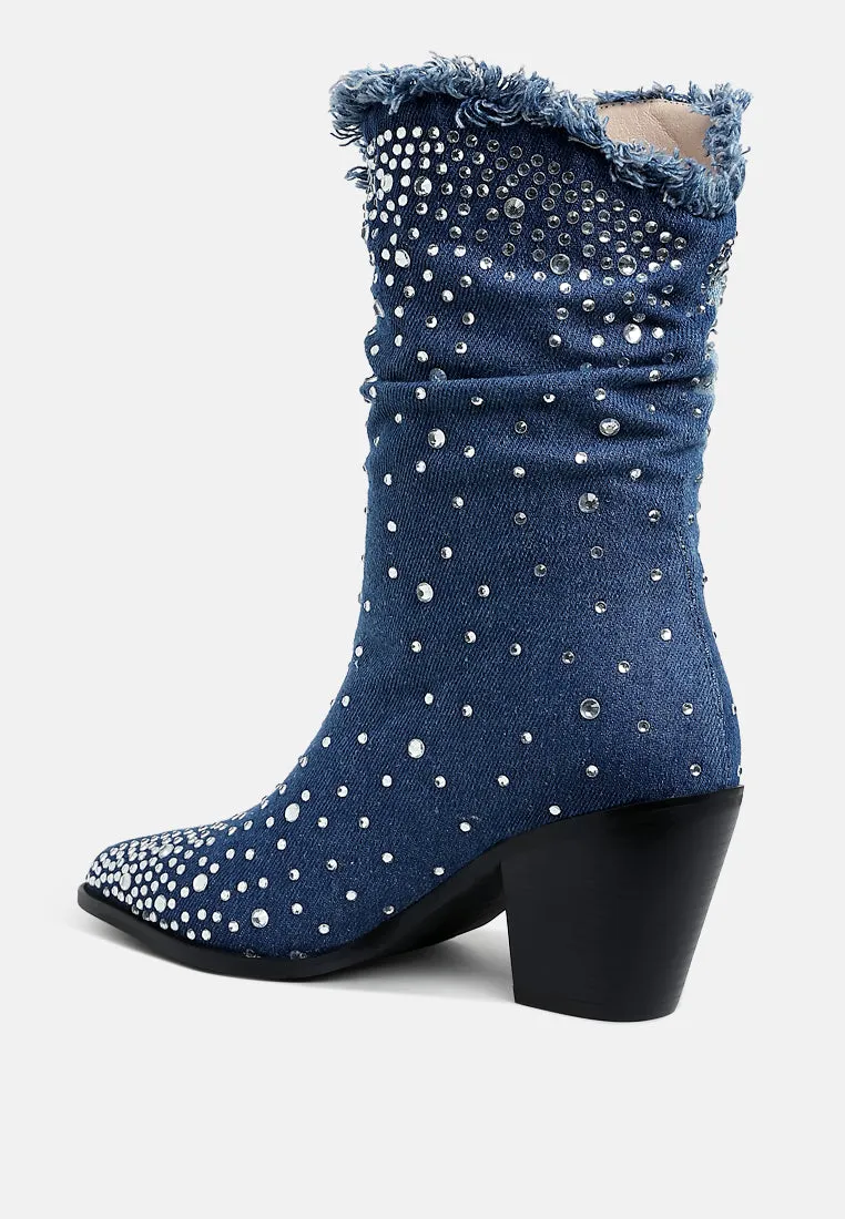 Diamante & Rhinestones Denim Boots By RUW