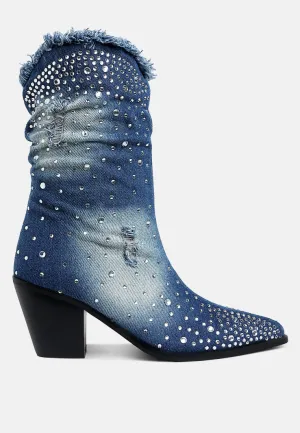 Diamante & Rhinestones Denim Boots By RUW
