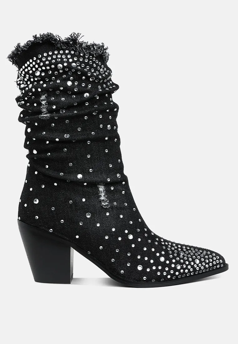 Diamante & Rhinestones Denim Boots By RUW