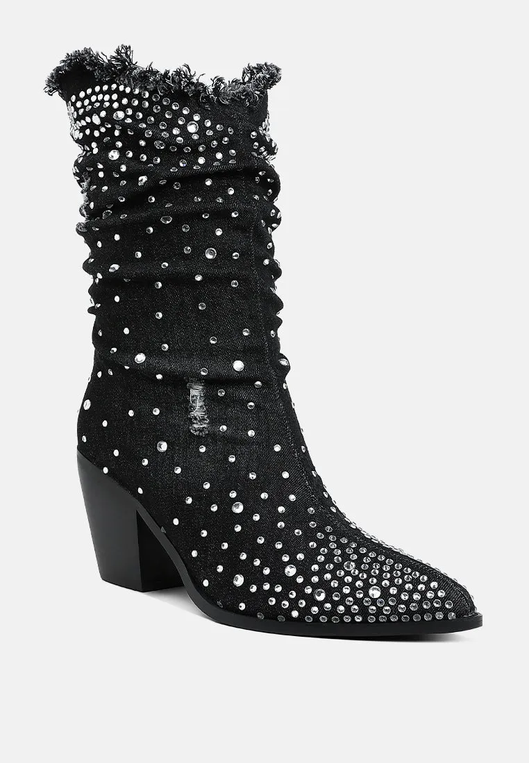 Diamante & Rhinestones Denim Boots By RUW