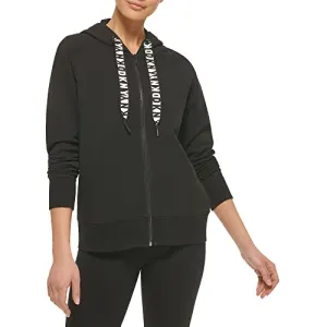 DKNY Women's Logo Drawstring Zip Up Hoodie, Activewear Sweatshirt, Black