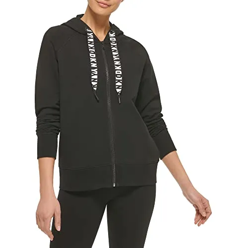 DKNY Women's Logo Drawstring Zip Up Hoodie, Activewear Sweatshirt, Black