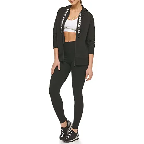 DKNY Women's Logo Drawstring Zip Up Hoodie, Activewear Sweatshirt, Black