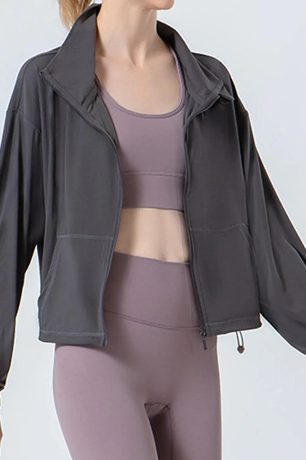 Drawstring Hem Zip Up Long Sleeve Active Jacket