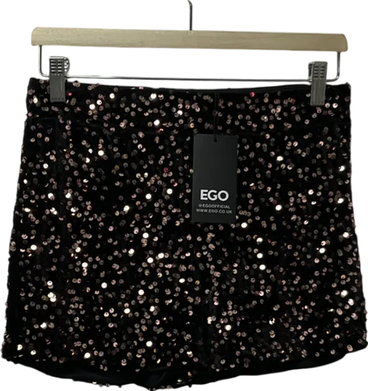 Ego Low Waist Bronze Sequin Hot Pant Shorts In Black Velvet UK 12