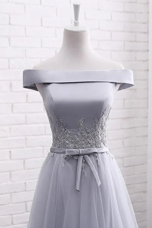 Elegant A Line Off-the-shoulder Lace-up Sleeveless Appliques Long Tulle Bridesmaid Dresses OHS114