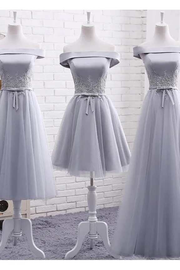 Elegant A Line Off-the-shoulder Lace-up Sleeveless Appliques Long Tulle Bridesmaid Dresses OHS114