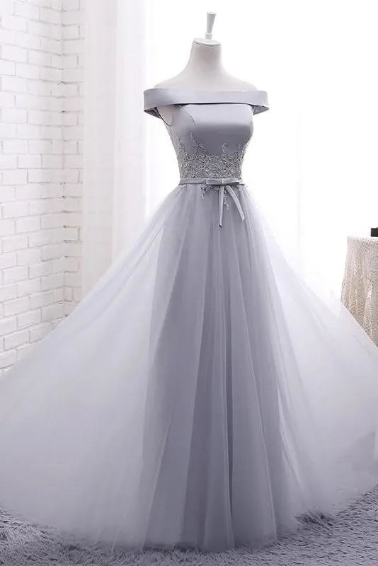 Elegant A Line Off-the-shoulder Lace-up Sleeveless Appliques Long Tulle Bridesmaid Dresses OHS114