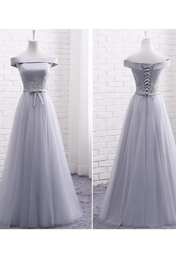 Elegant A Line Off-the-shoulder Lace-up Sleeveless Appliques Long Tulle Bridesmaid Dresses OHS114