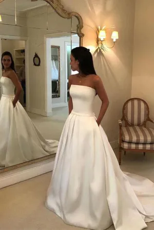 Elegant A Line Strapless Sleeveless White Wedding Dresses with Pockets Bowknot OHD105
