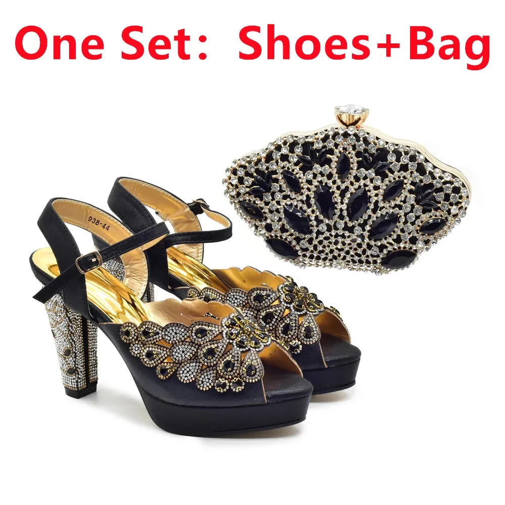 Elegant Black Peep Toe Heels & Bag Set for Parties