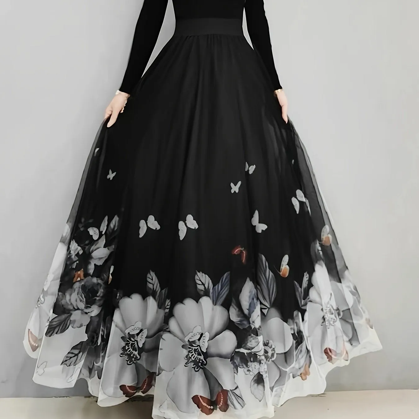Elegant Butterfly & Floral High Waist Maxi Skirt for Women