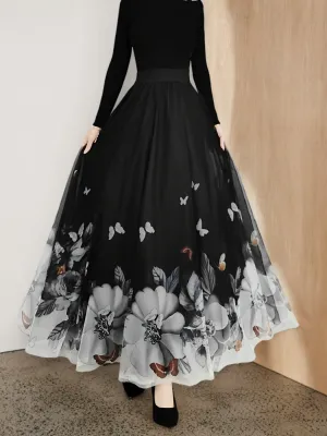 Elegant Butterfly & Floral High Waist Maxi Skirt for Women