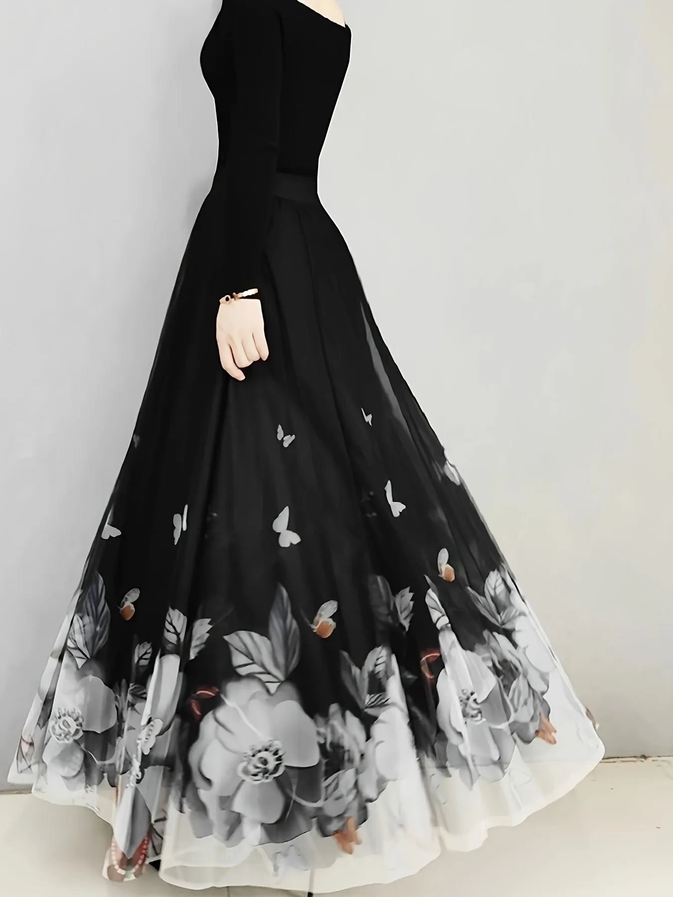 Elegant Butterfly & Floral High Waist Maxi Skirt for Women