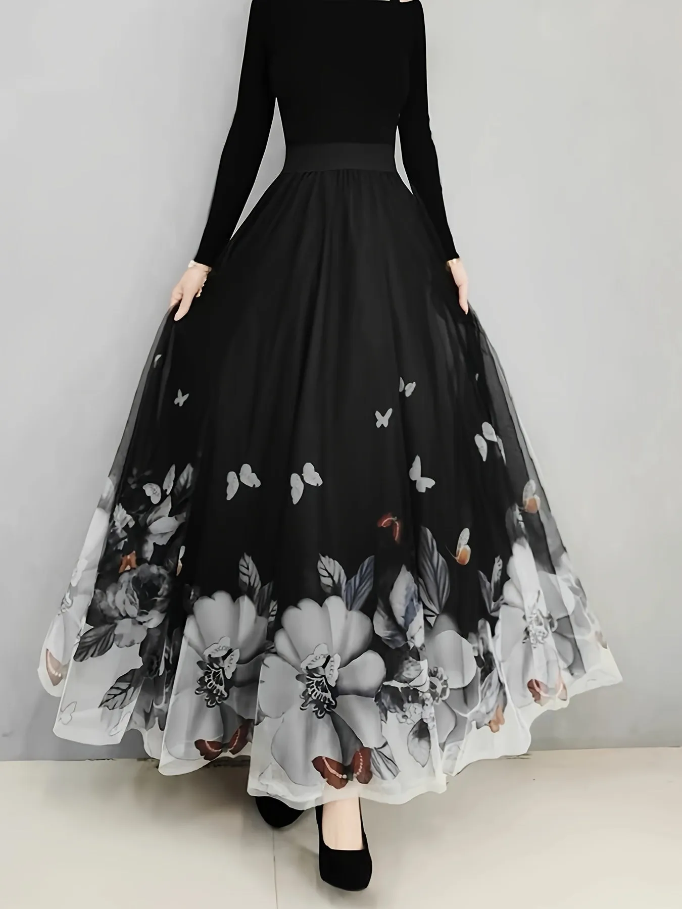 Elegant Butterfly & Floral High Waist Maxi Skirt for Women