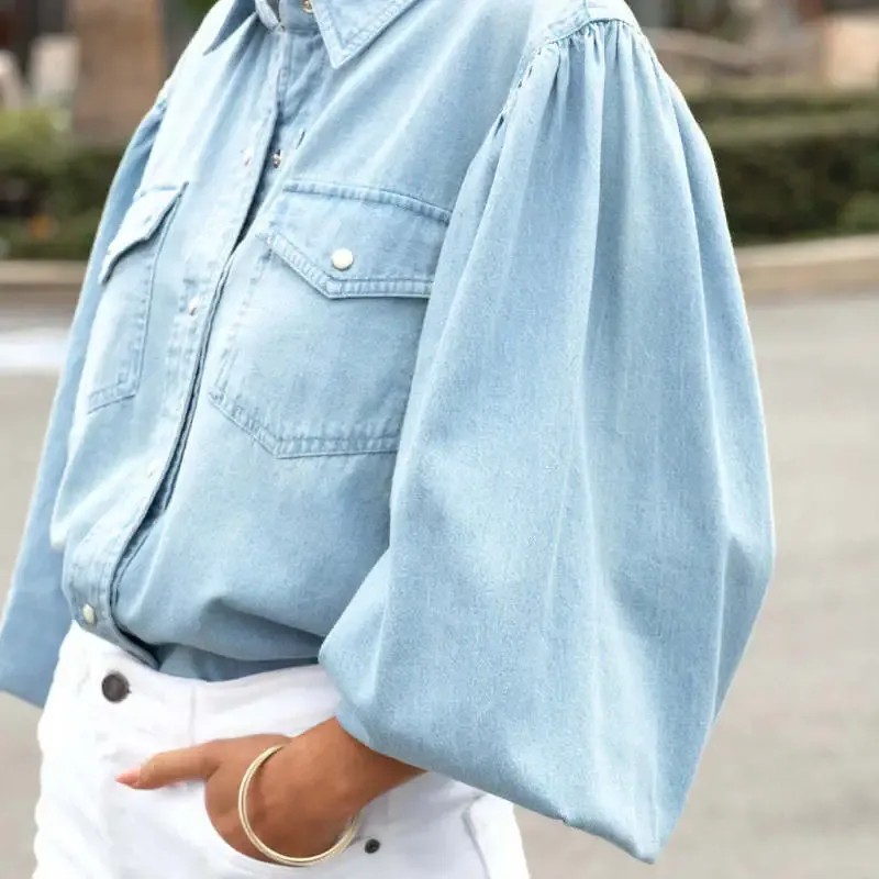 Elyse Long Puff Sleeve Button-Up Denim Top