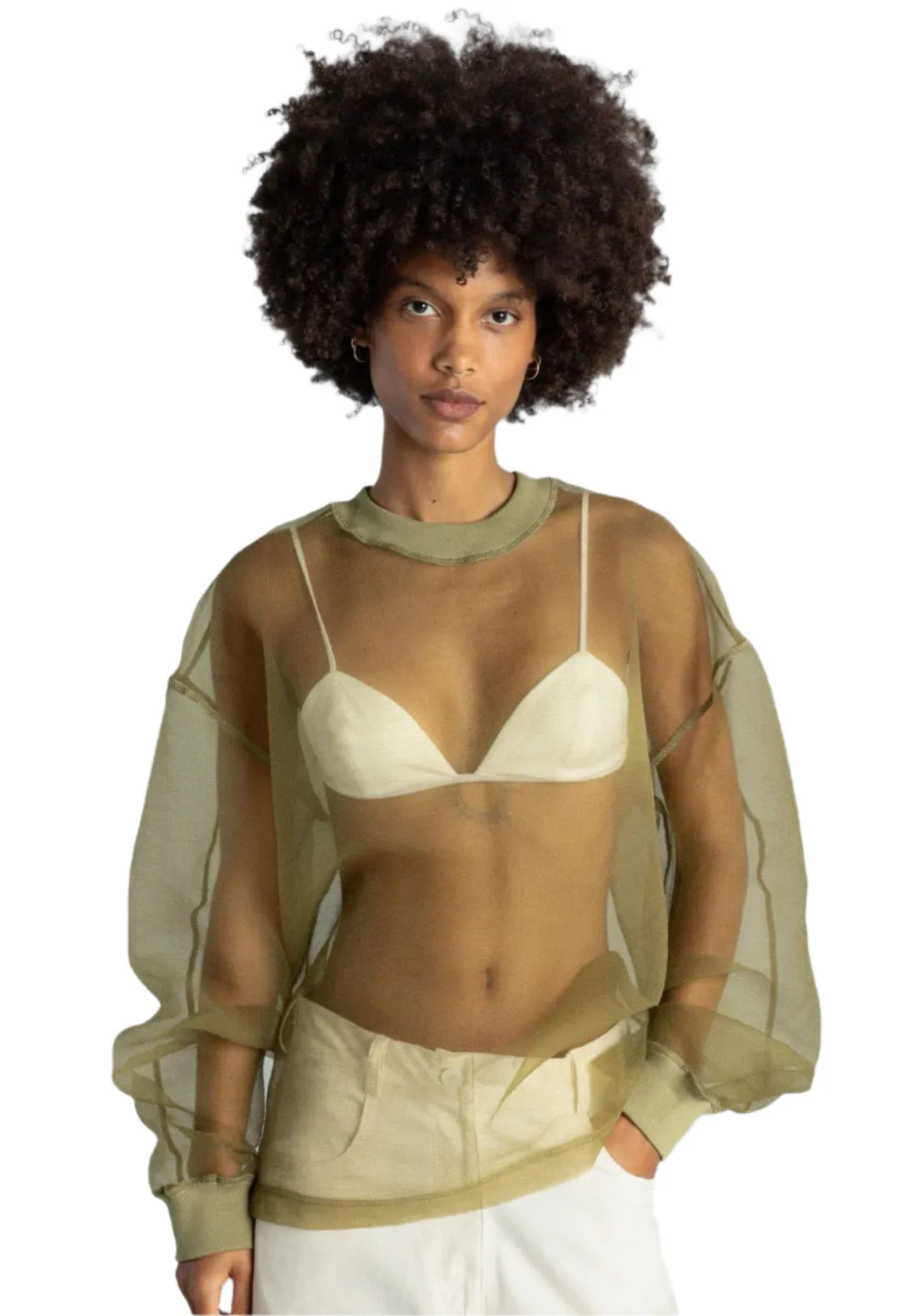 Esthe Women's Green Organza Sheer Crewneck Sweatshirt – Size Large
