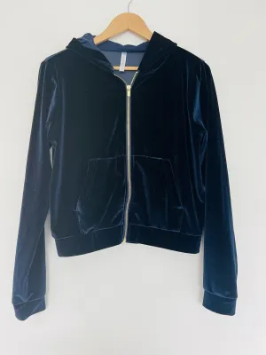 Fabletics Velvet Velour Sweatshirt Sz S Gold Zip Hoodie Dark Navy