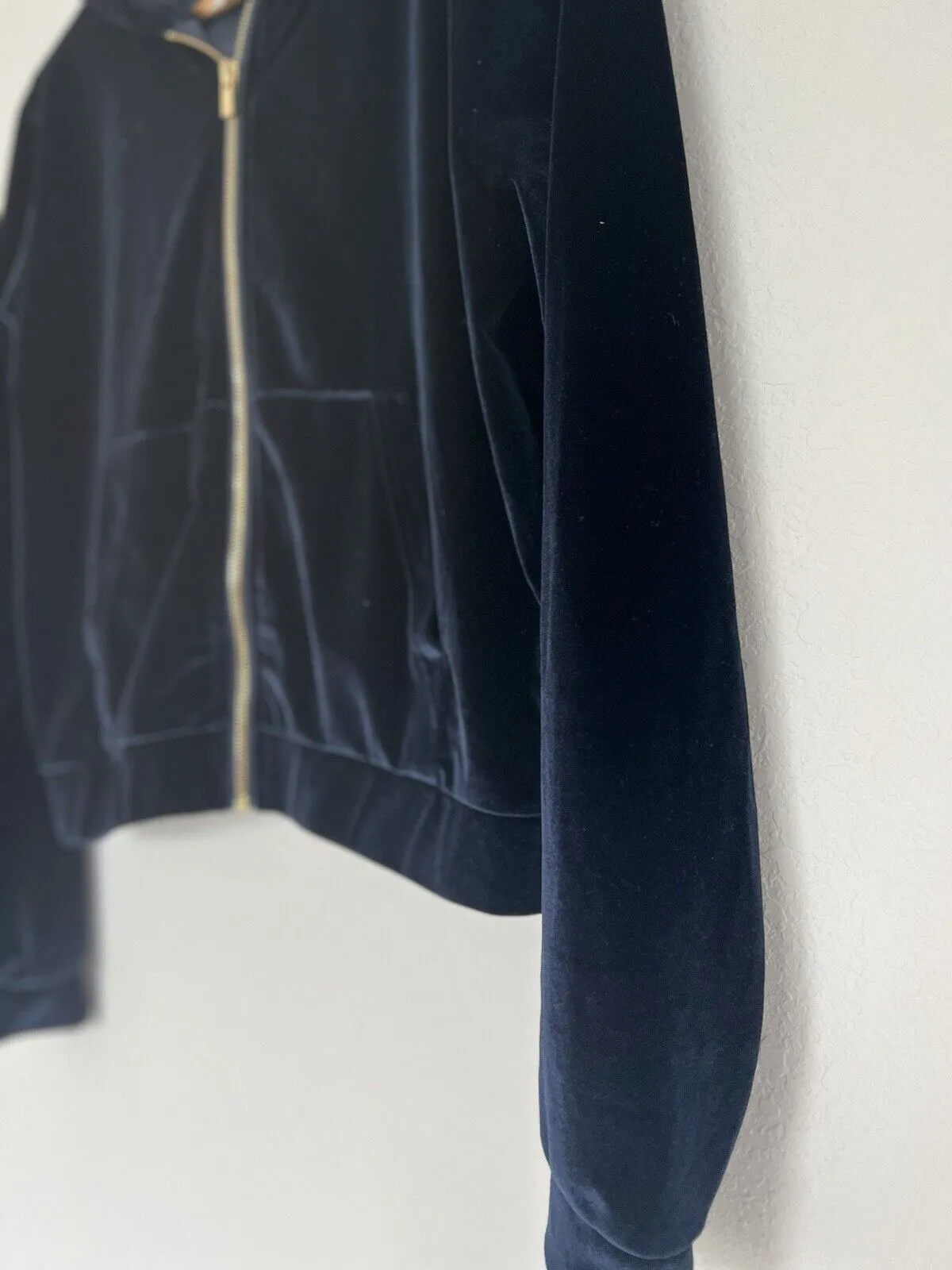 Fabletics Velvet Velour Sweatshirt Sz S Gold Zip Hoodie Dark Navy