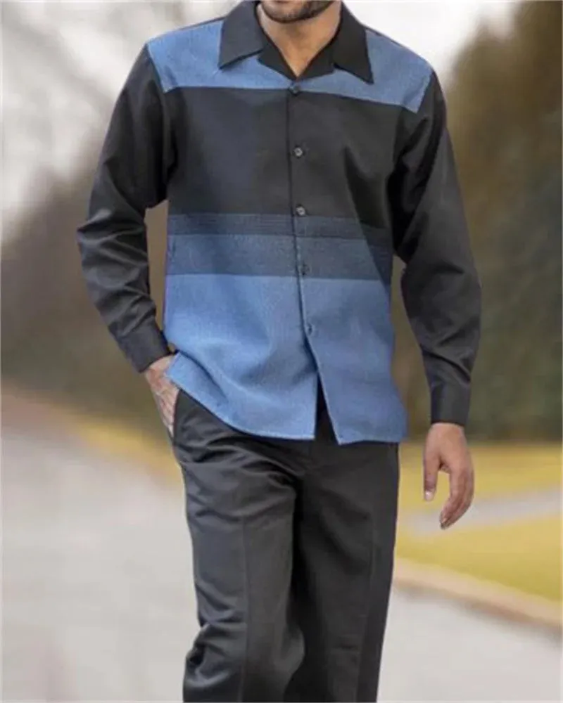 Fashion Men's 2-Piece Harajuku Striped Long-Sleeve Top   Pants Summer New Outdoor Suits Casual Shirts Pants 2-Piece Set