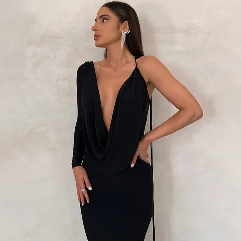 Fiorina Draped One-Shoulder Plunge Neck Maxi Dress