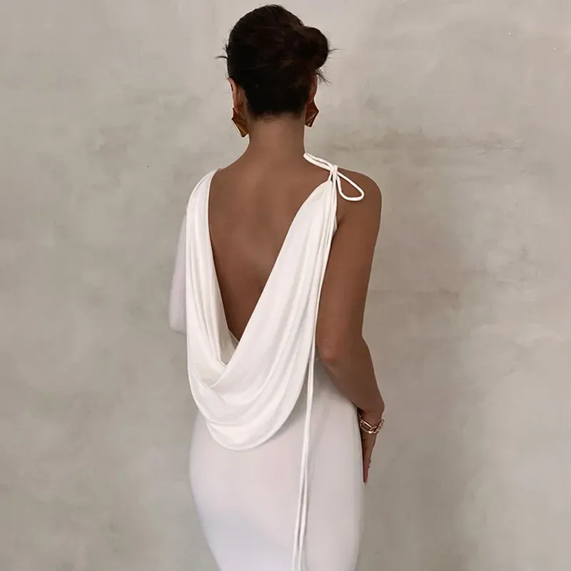 Fiorina Draped One-Shoulder Plunge Neck Maxi Dress
