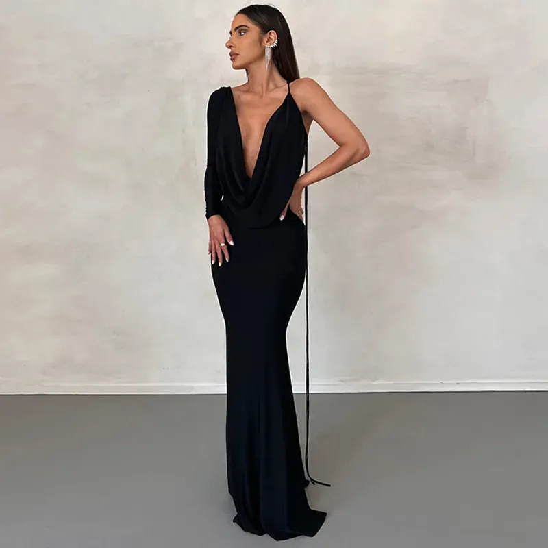 Fiorina Draped One-Shoulder Plunge Neck Maxi Dress
