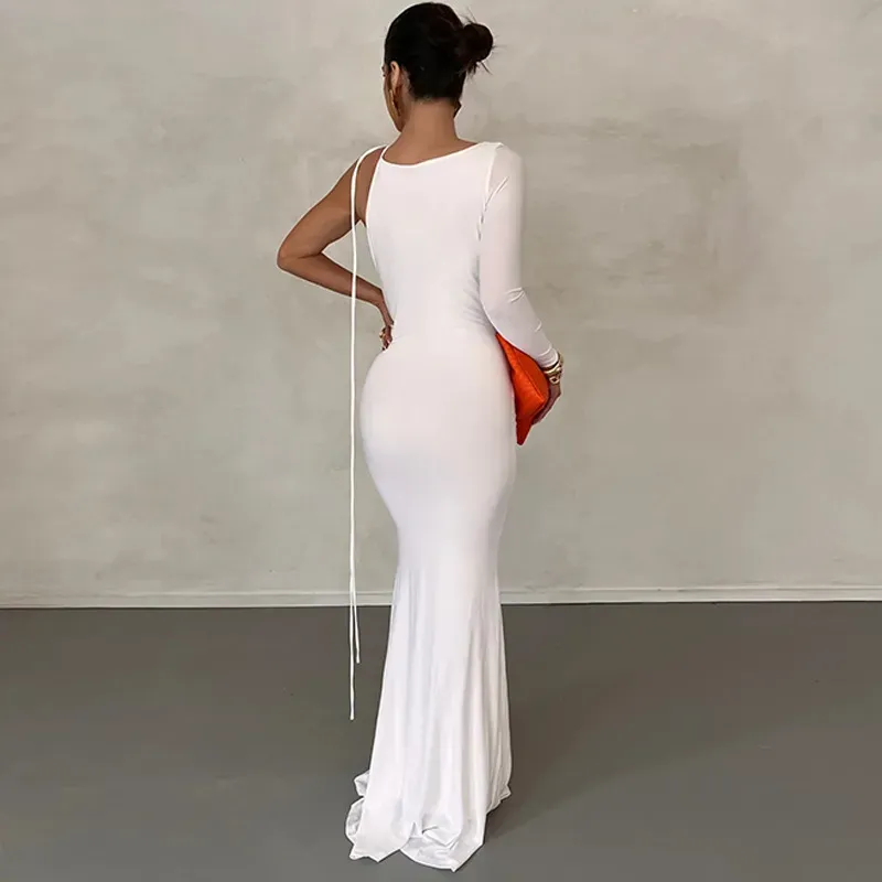Fiorina Draped One-Shoulder Plunge Neck Maxi Dress
