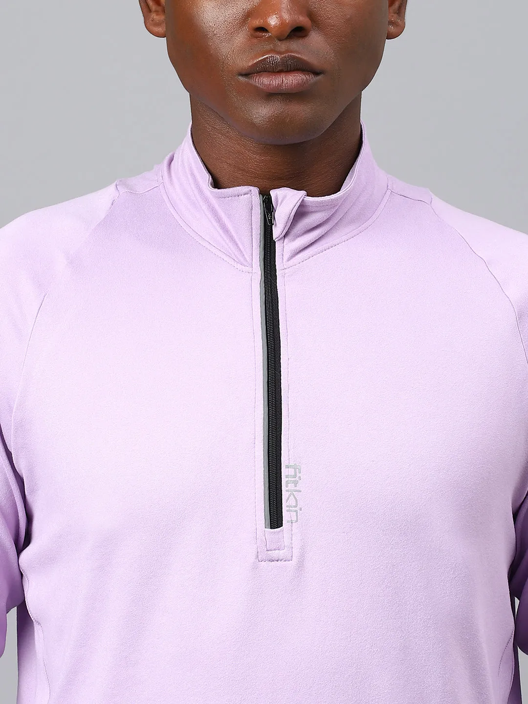 Fitkin men's lavender high neck front zipper full sleeves t-shirt